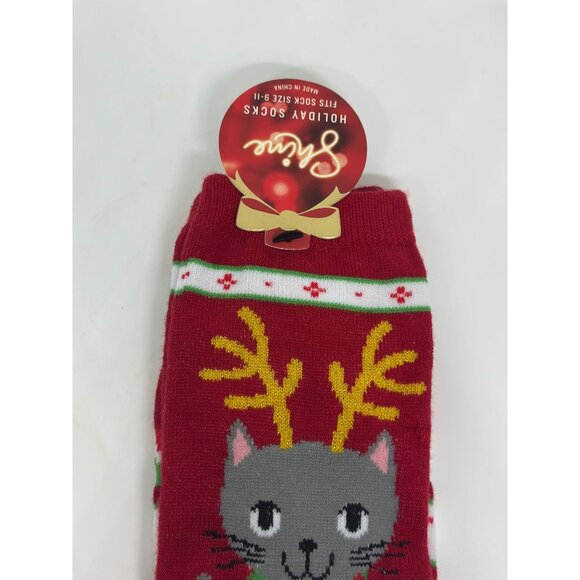 NEW Kohl’s Shine Holiday Socks Red Reindeer Cat Print Cozy Fleece Size 9–11 - Picture 2 of 4